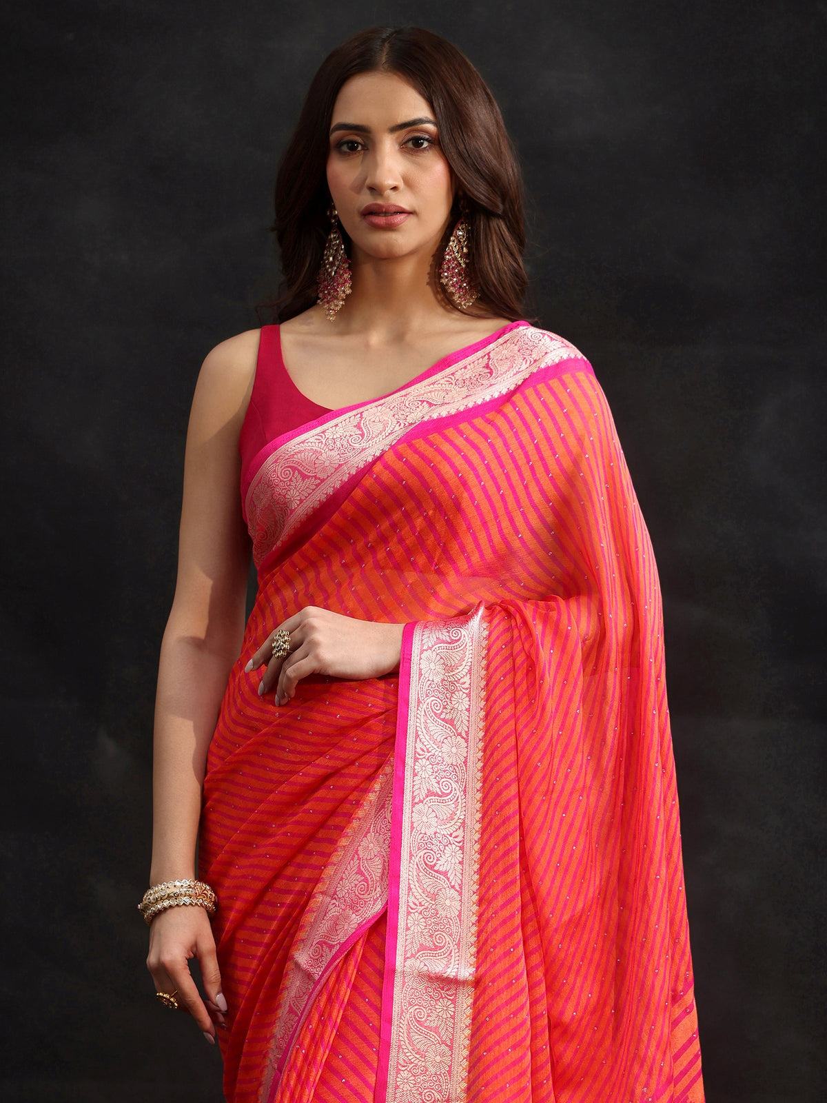 Anouk Pink Striped Chiffon Saree with Paisley Border