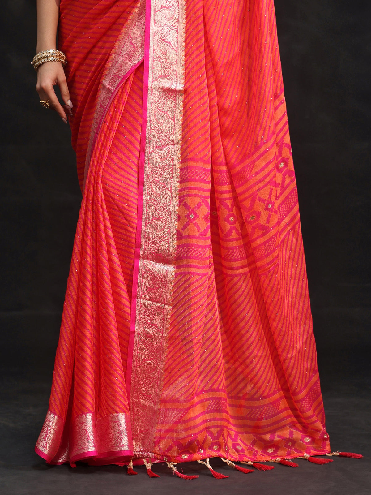 Anouk Pink Striped Chiffon Saree with Paisley Border
