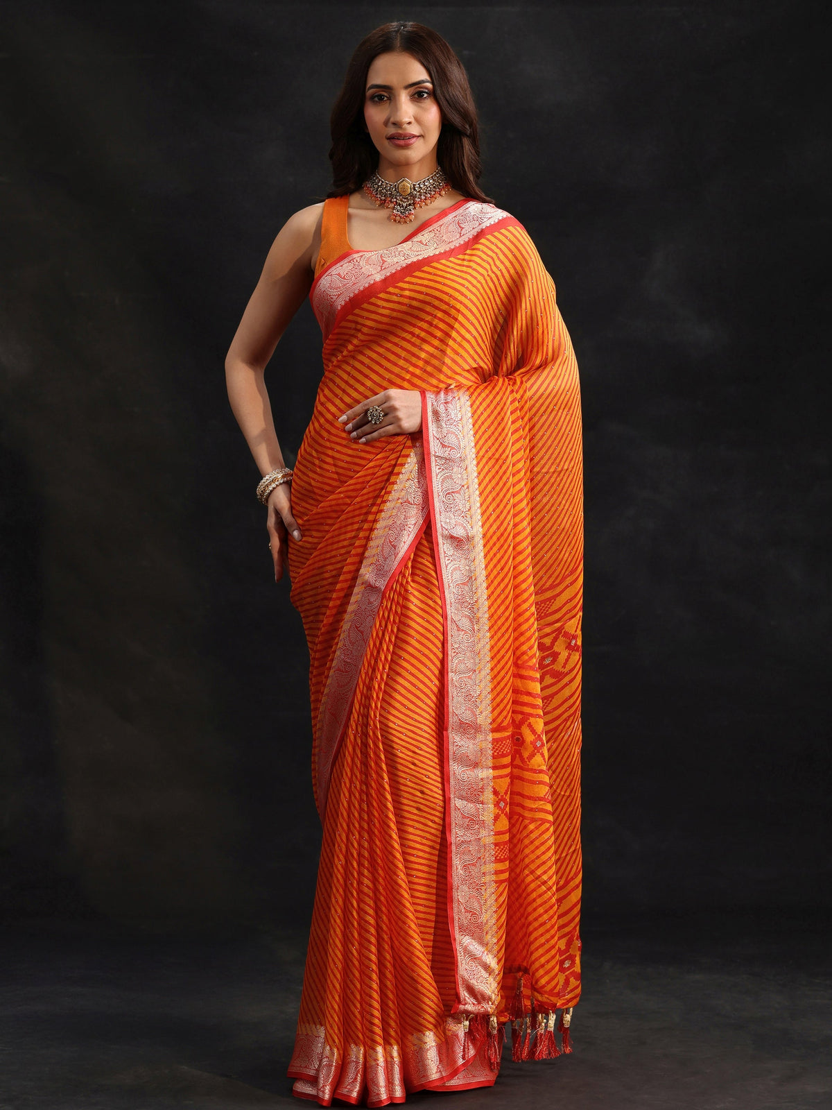 Anouk Orange Striped Chiffon Saree with Paisley Border