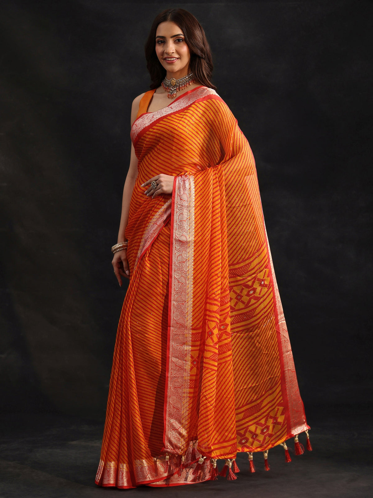 Anouk Orange Striped Chiffon Saree with Paisley Border
