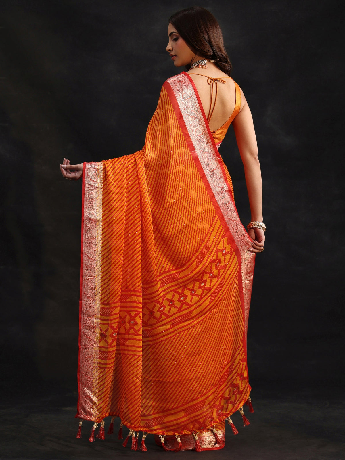 Anouk Orange Striped Chiffon Saree with Paisley Border