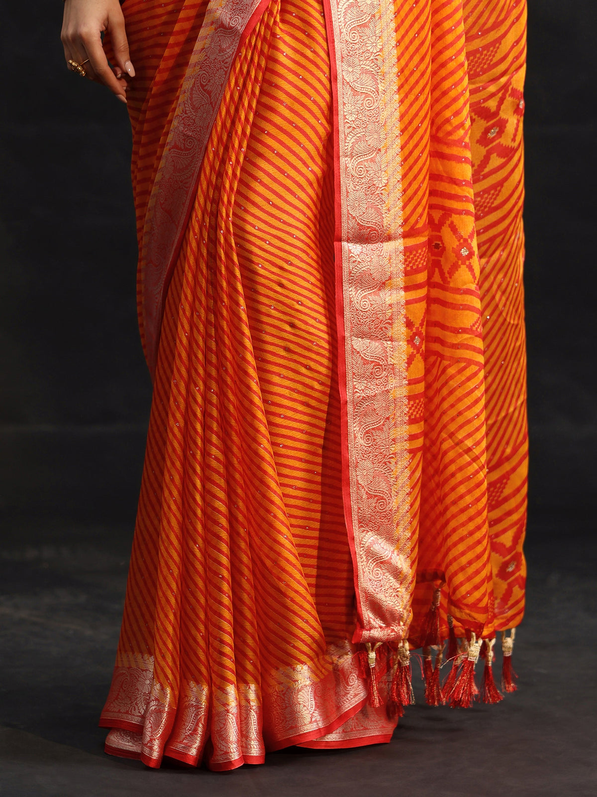 Anouk Orange Striped Chiffon Saree with Paisley Border