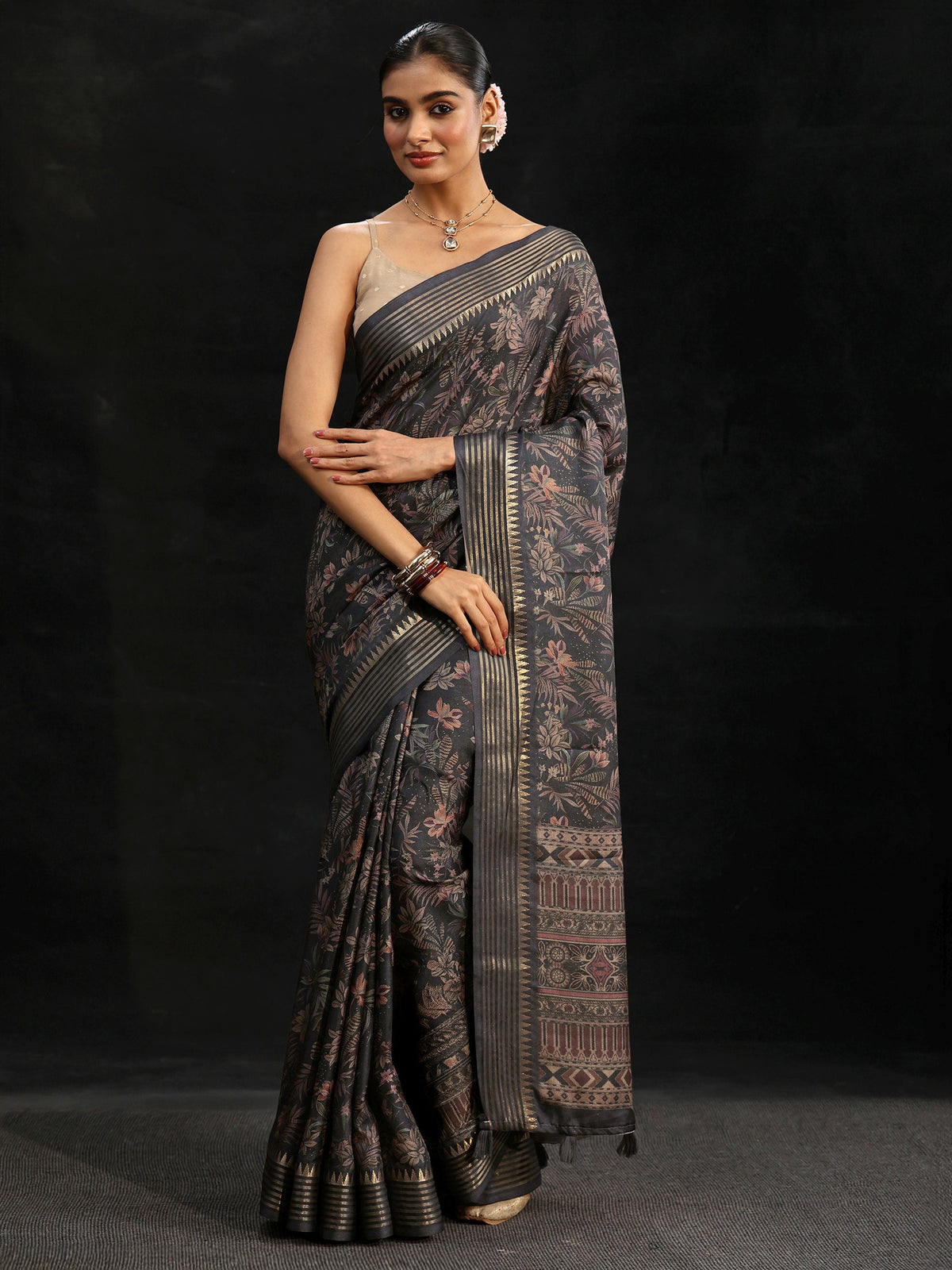 Anouk Midnight Blue Floral Woven Design Silk Blend Saree
