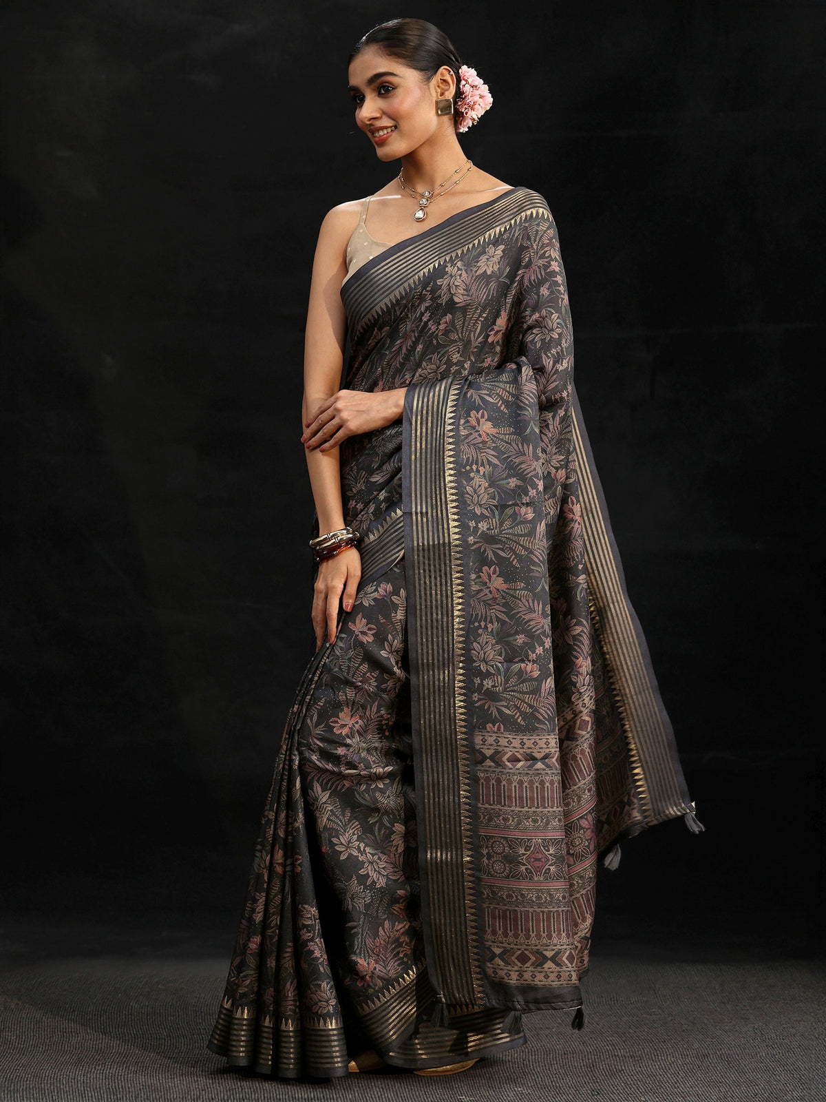 Anouk Midnight Blue Floral Woven Design Silk Blend Saree
