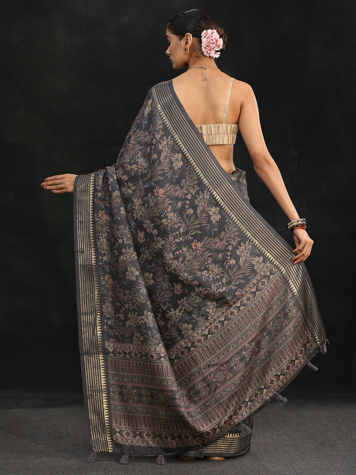 Anouk Midnight Blue Floral Woven Design Silk Blend Saree