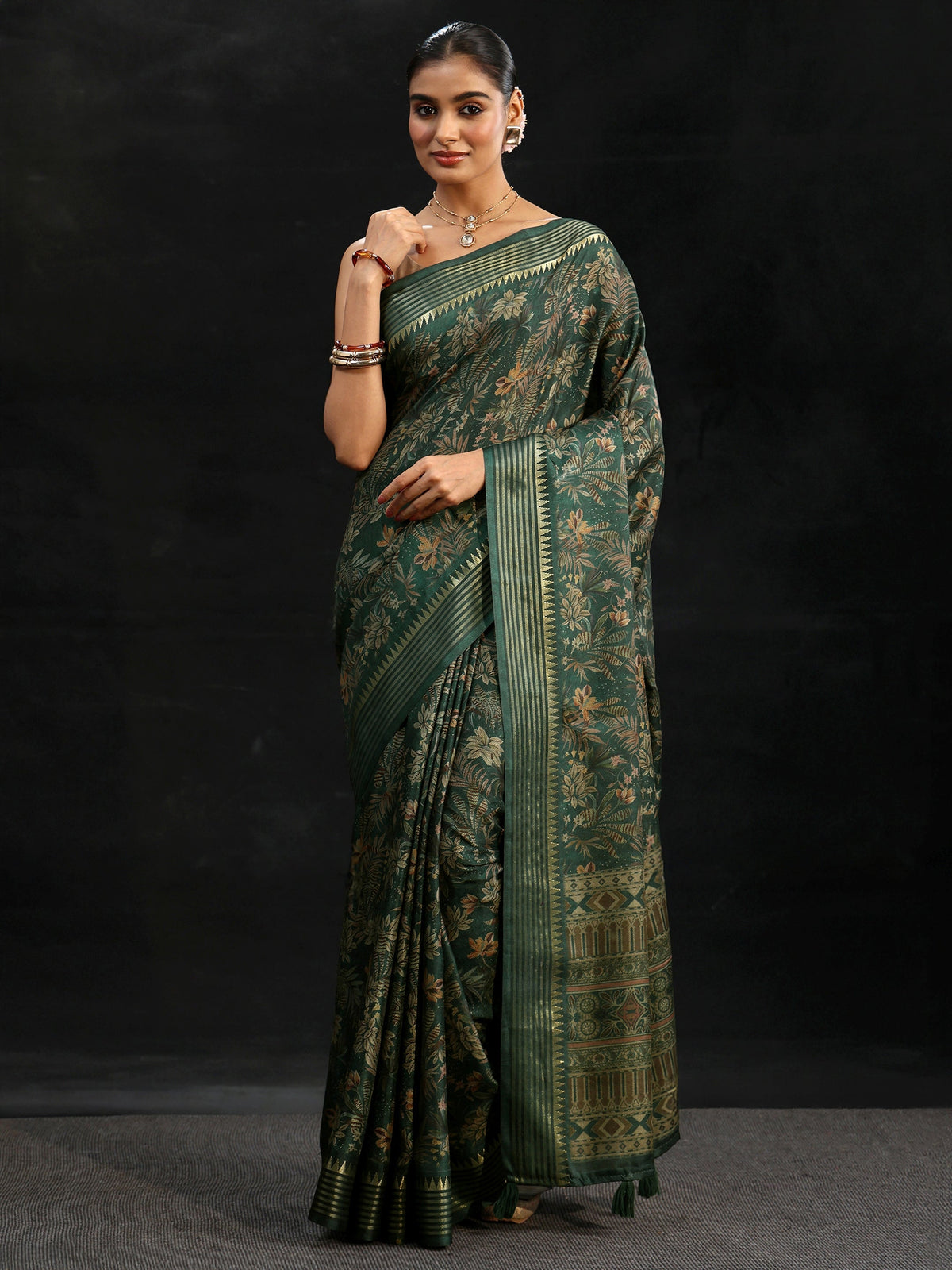 Anouk Green Floral Woven Design Silk Blend Saree