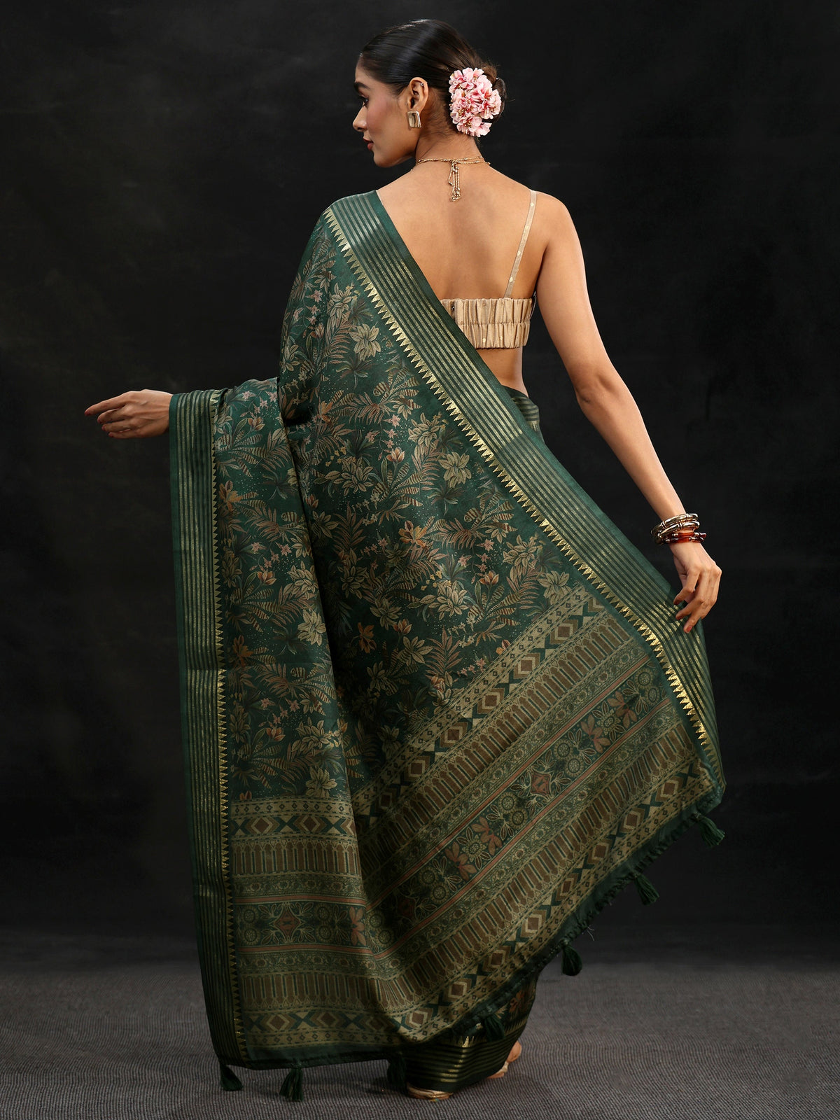 Anouk Green Floral Woven Design Silk Blend Saree