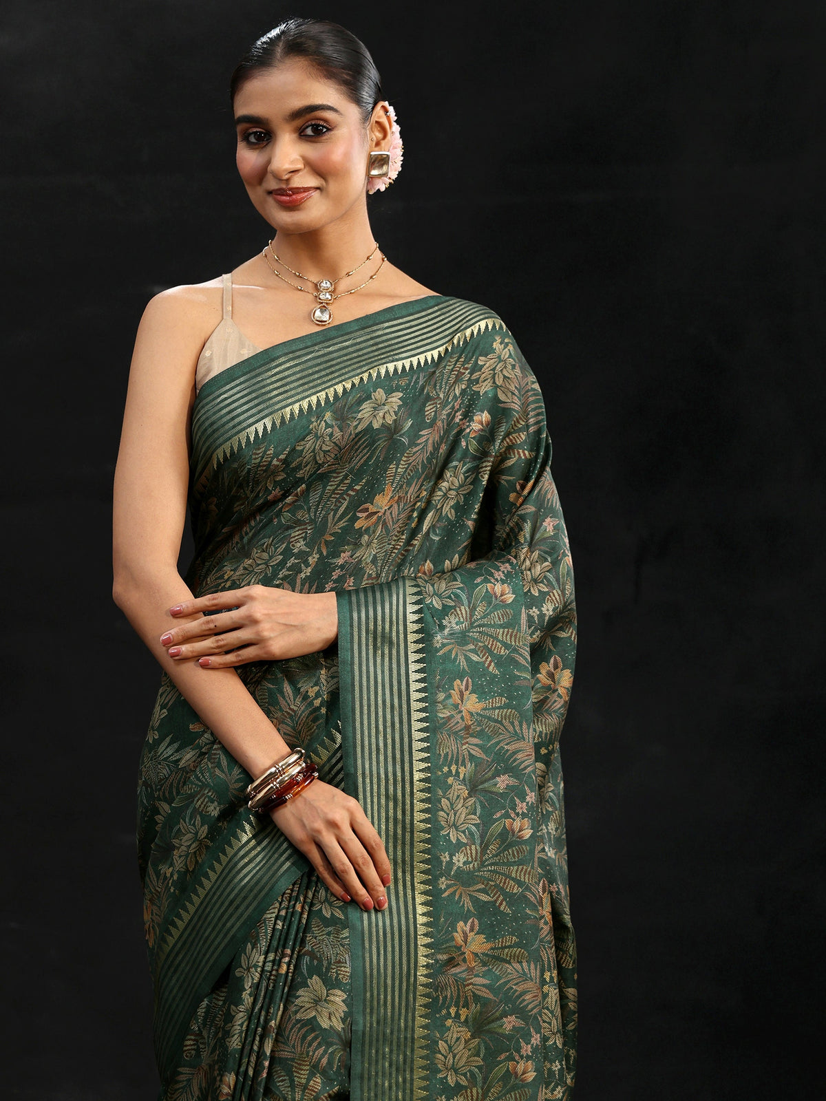 Anouk Green Floral Woven Design Silk Blend Saree