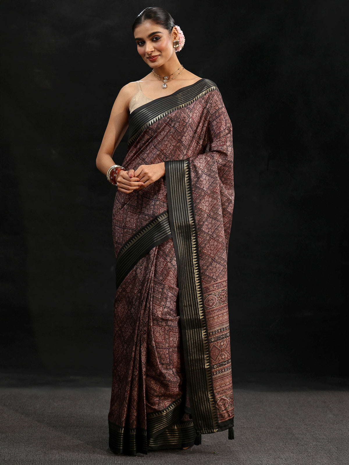 Anouk Black Floral Foil Printed Silk Blend Saree
