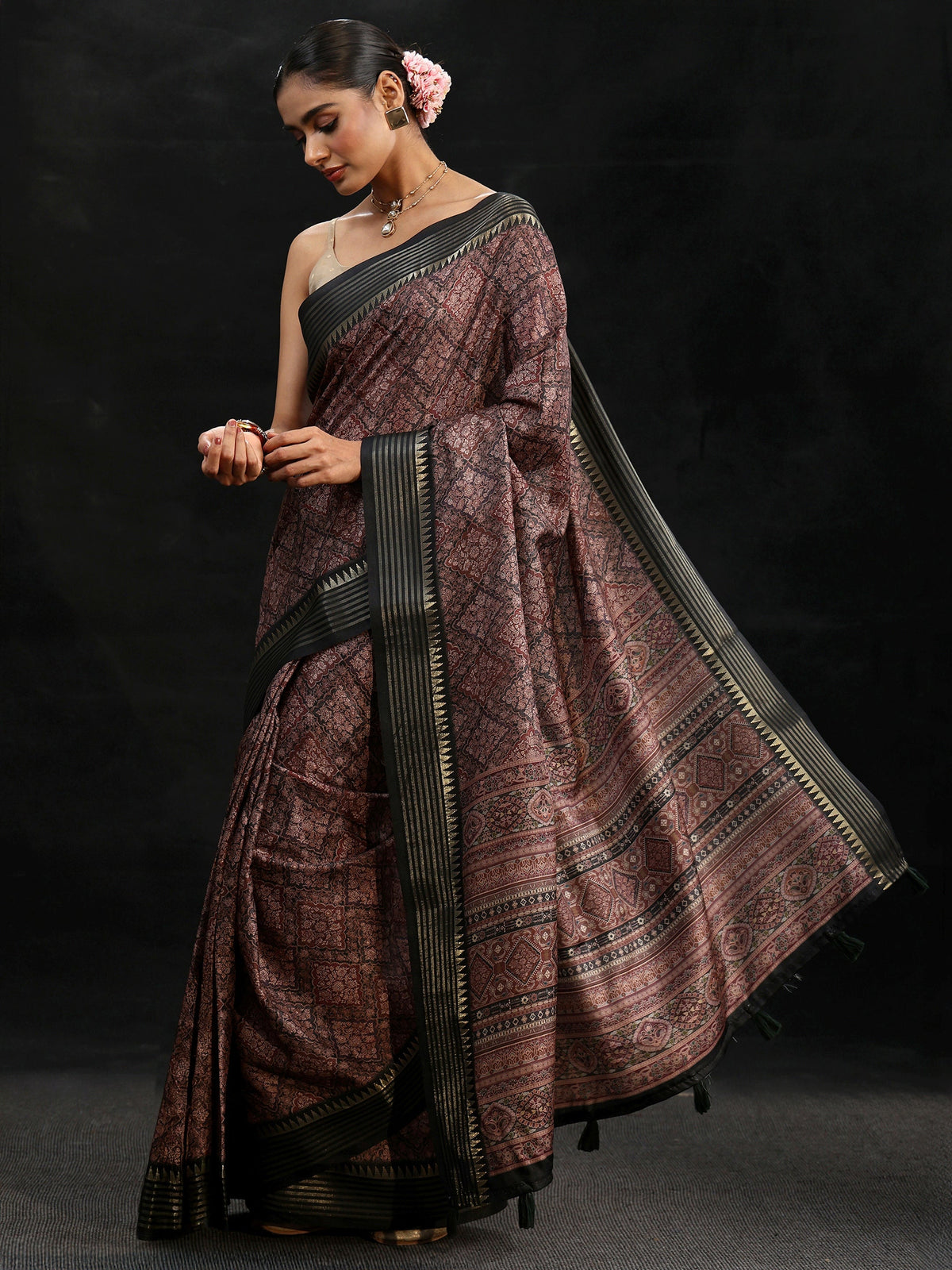 Anouk Black Floral Foil Printed Silk Blend Saree