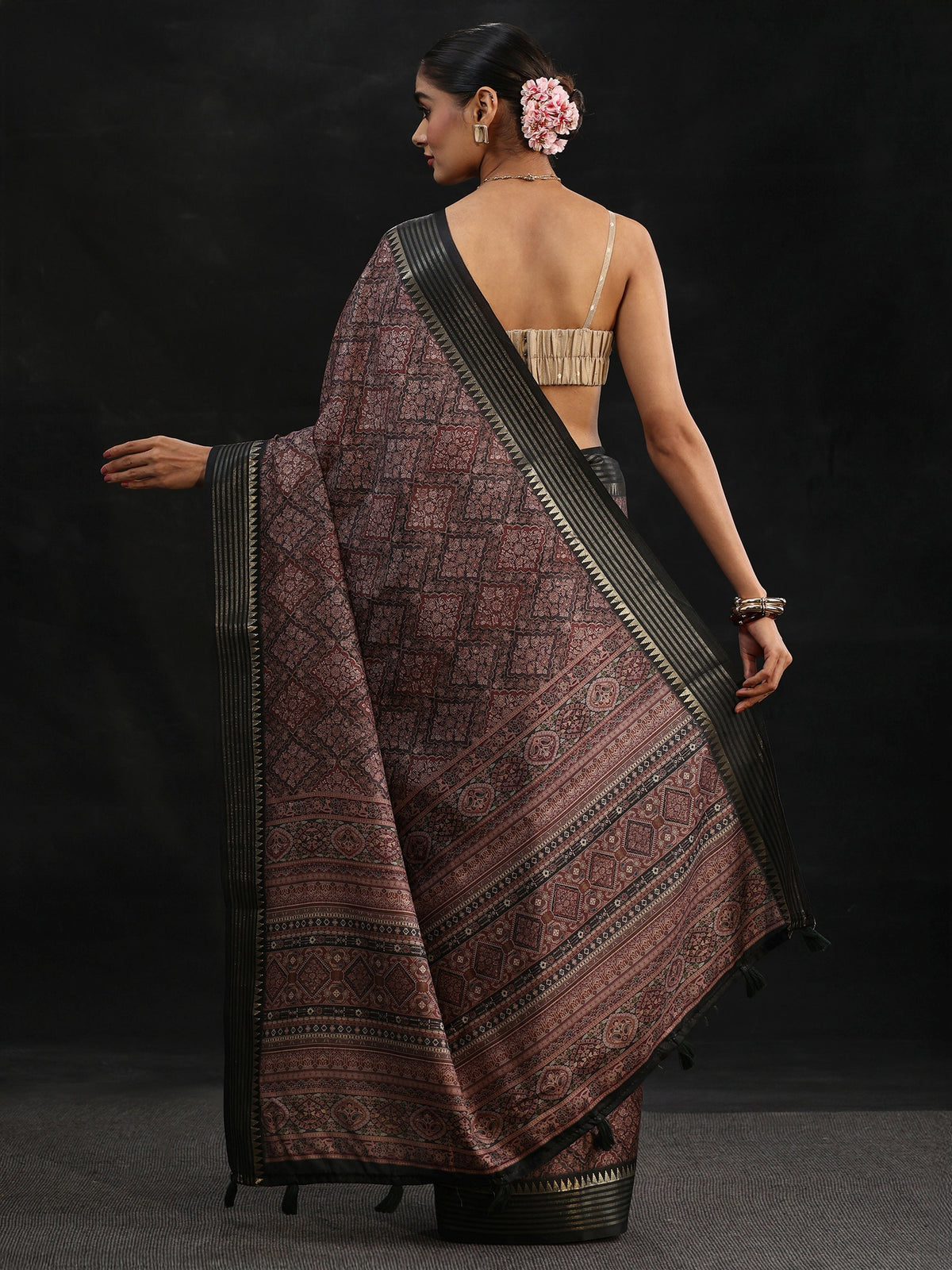 Anouk Black Floral Foil Printed Silk Blend Saree