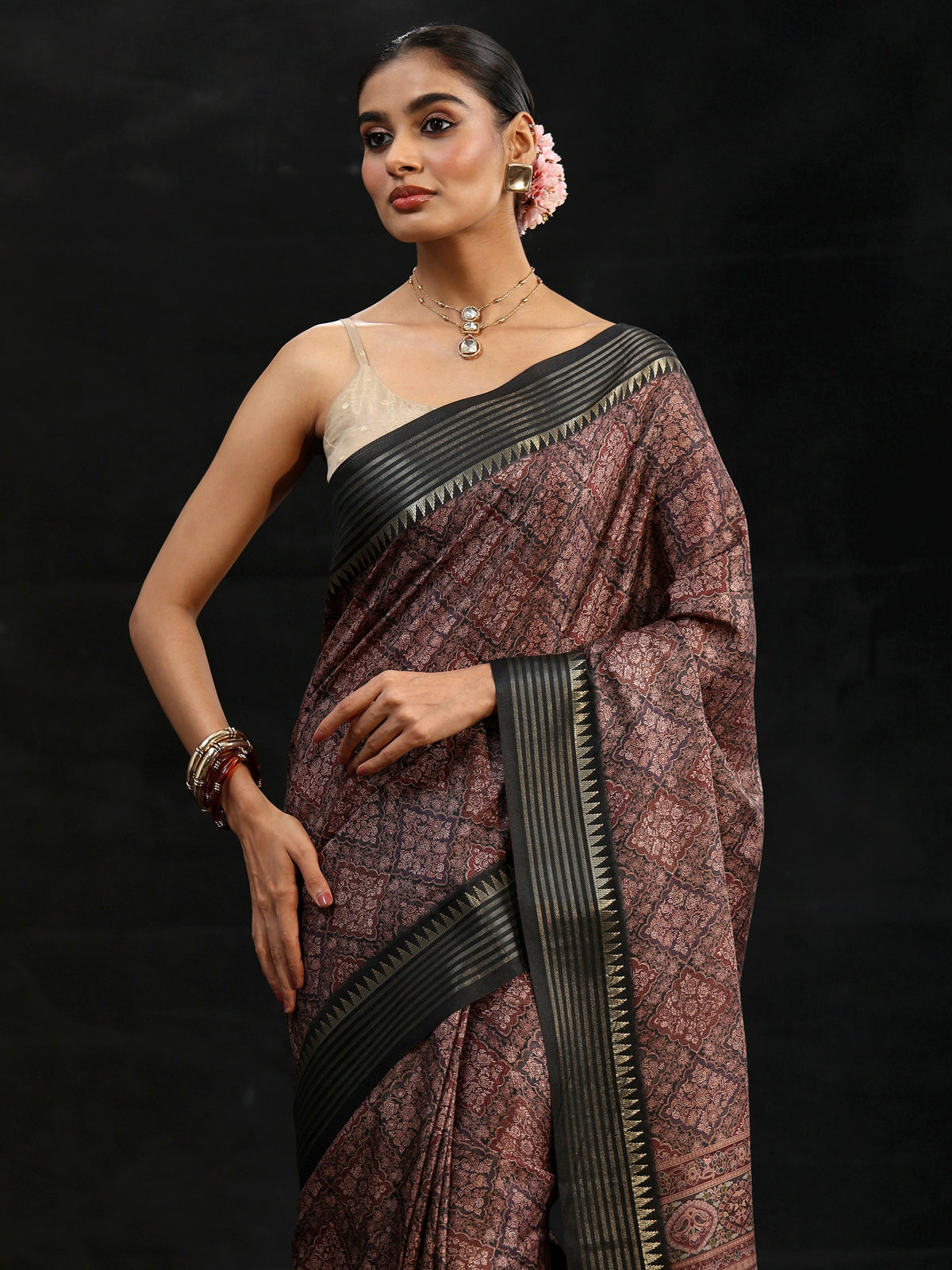 Anouk Black Floral Foil Printed Silk Blend Saree