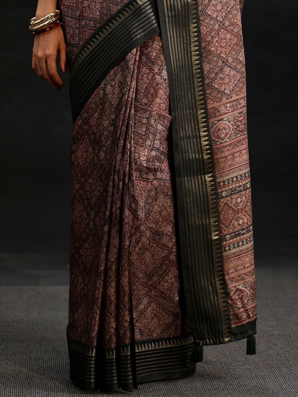 Anouk Black Floral Foil Printed Silk Blend Saree