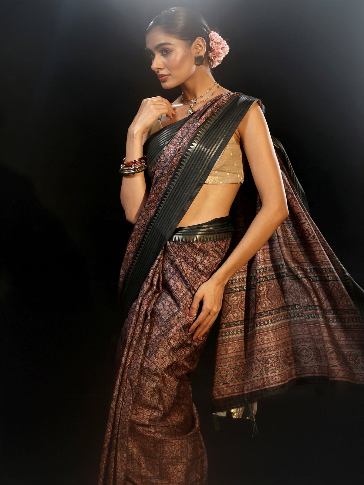 Anouk Black Floral Foil Printed Silk Blend Saree
