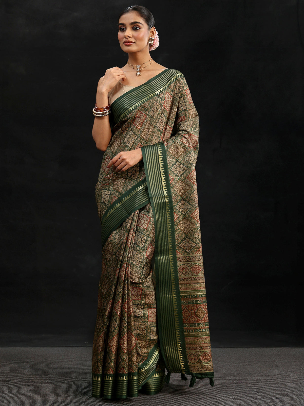 Anouk Green Floral Foil Printed Silk Blend Saree