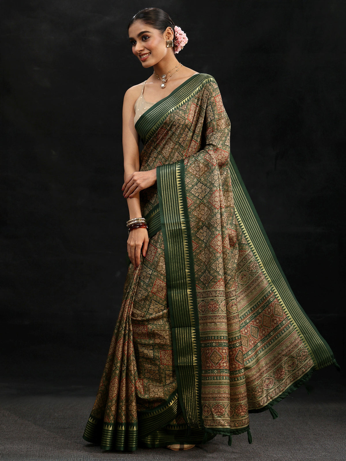 Anouk Green Floral Foil Printed Silk Blend Saree