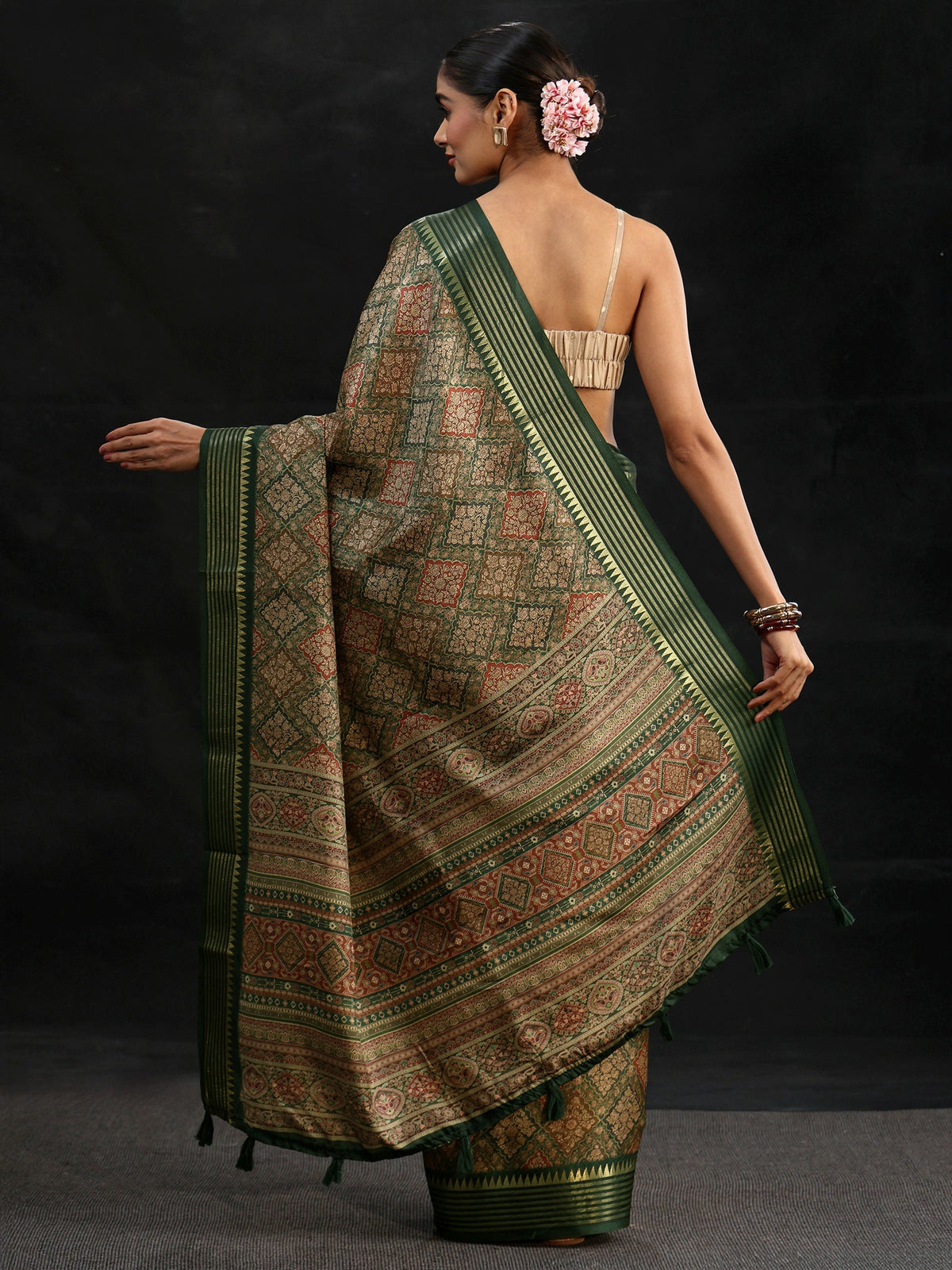 Anouk Green Floral Foil Printed Silk Blend Saree