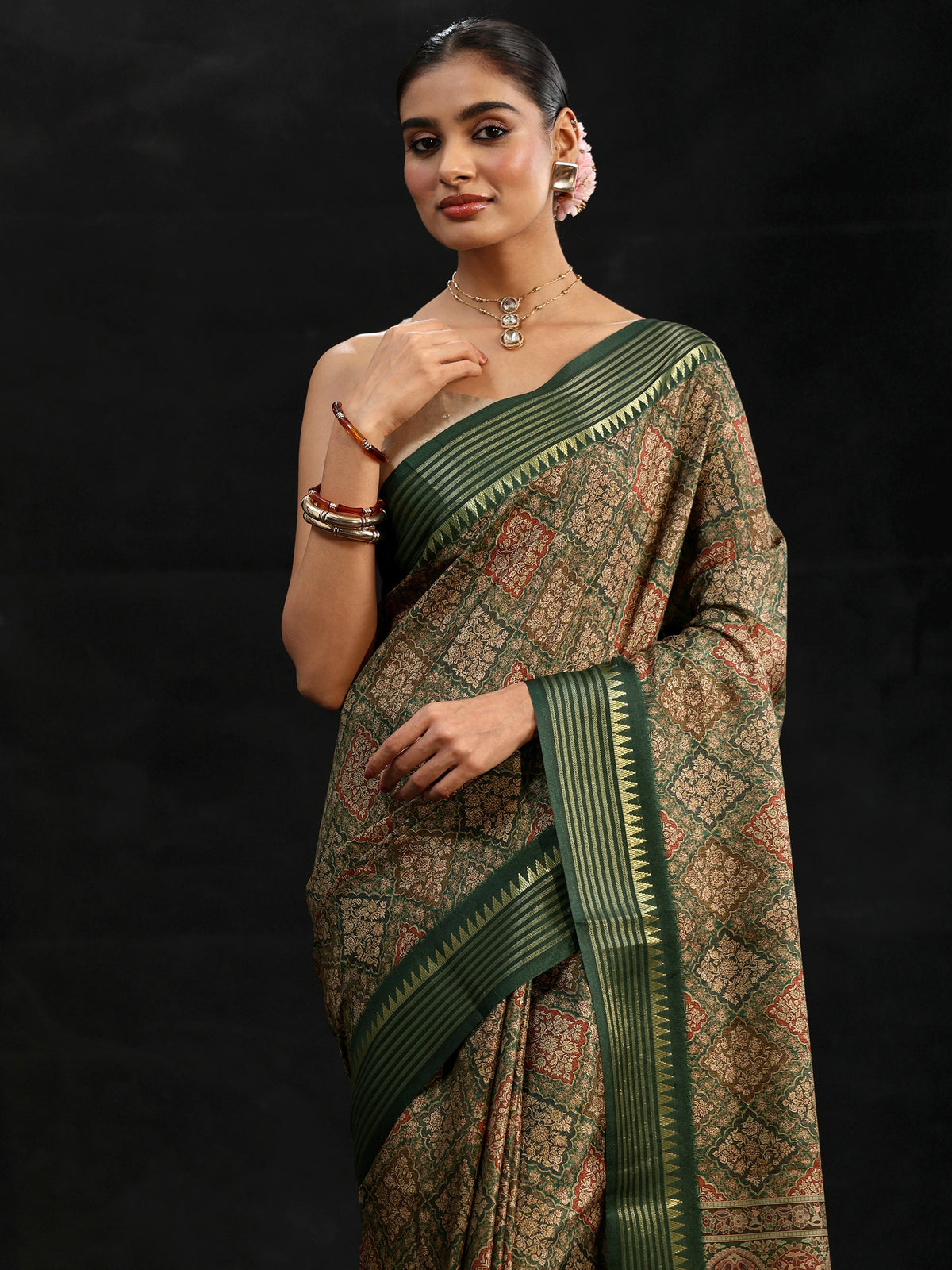 Anouk Green Floral Foil Printed Silk Blend Saree