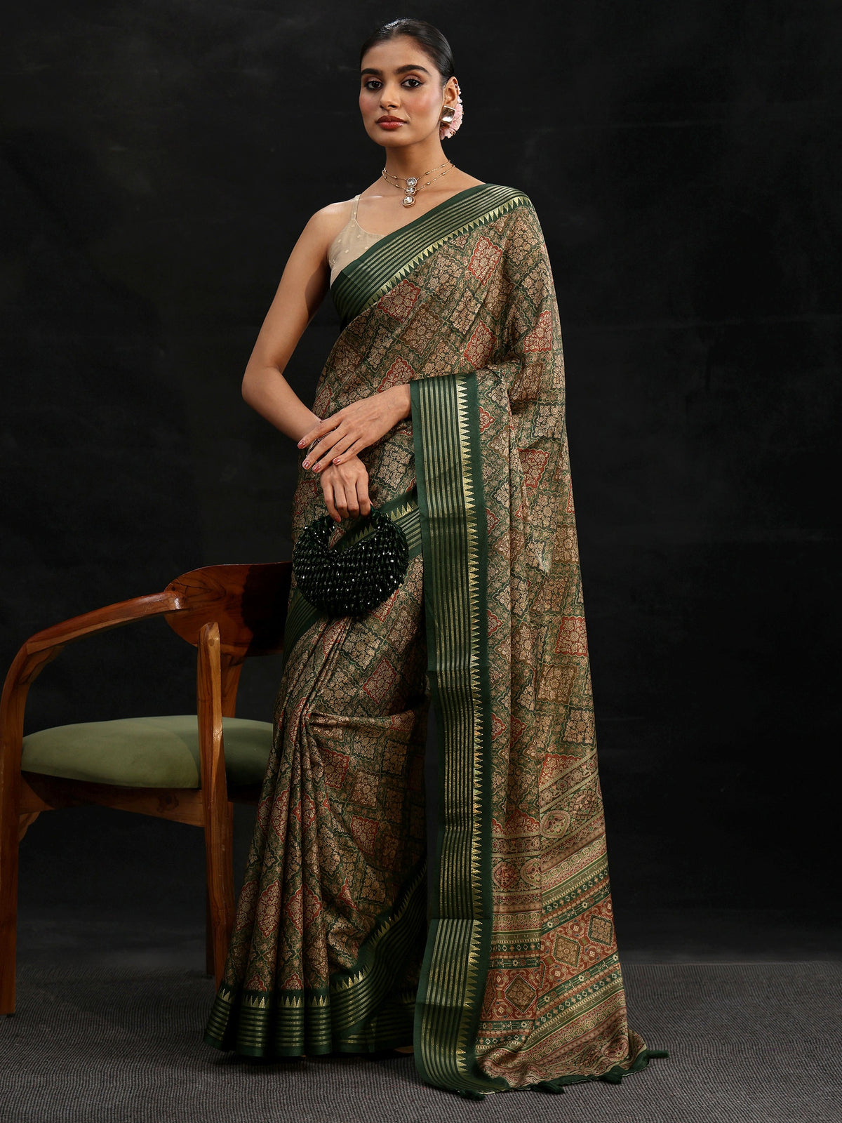 Anouk Green Floral Foil Printed Silk Blend Saree