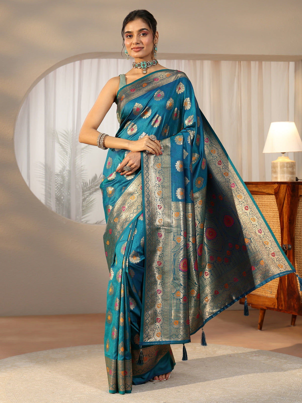 Anouk Teal Blue Banarasi Silk Blend Saree
