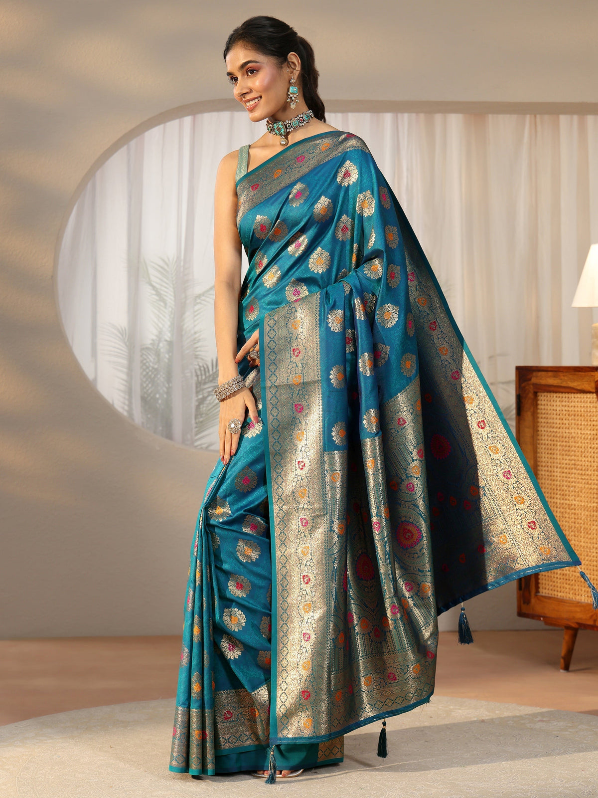 Anouk Teal Blue Banarasi Silk Blend Saree