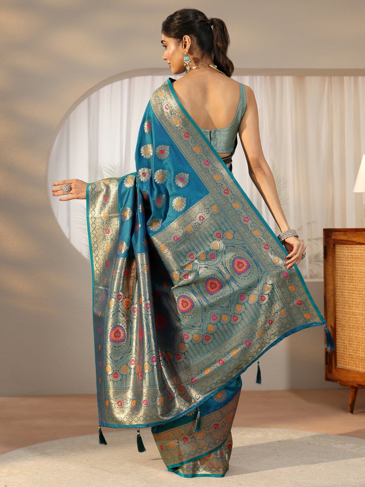 Anouk Teal Blue Banarasi Silk Blend Saree