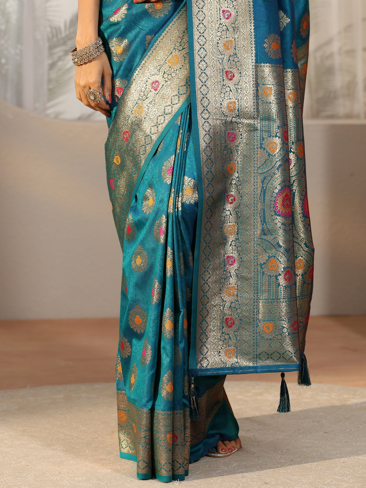 Anouk Teal Blue Banarasi Silk Blend Saree