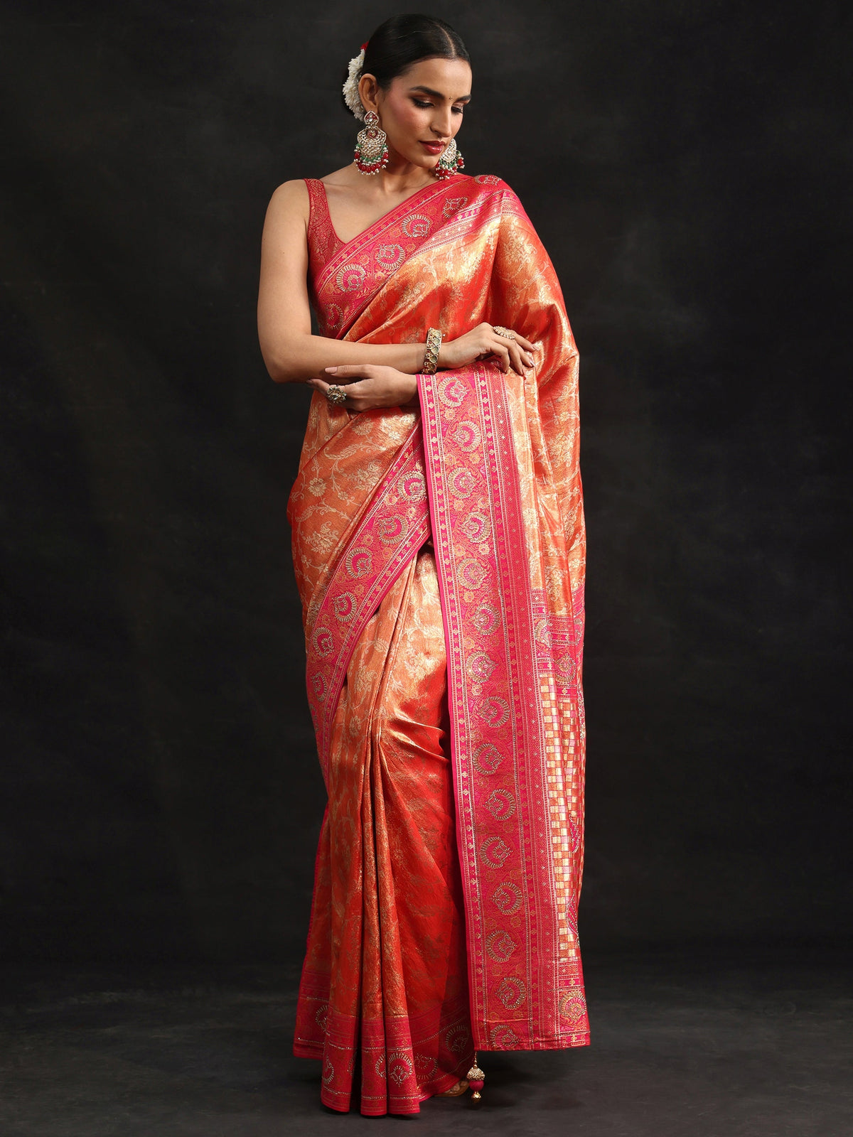 Anouk Orange Woven Design Silk Blend Saree with Embellished Border