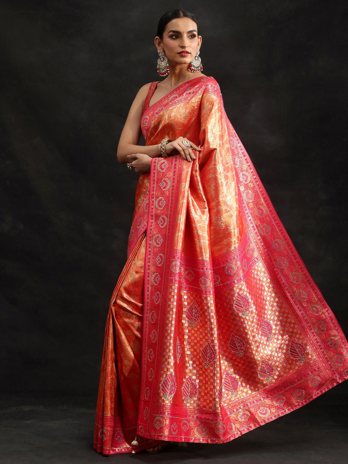 Anouk Orange Woven Design Silk Blend Saree with Embellished Border