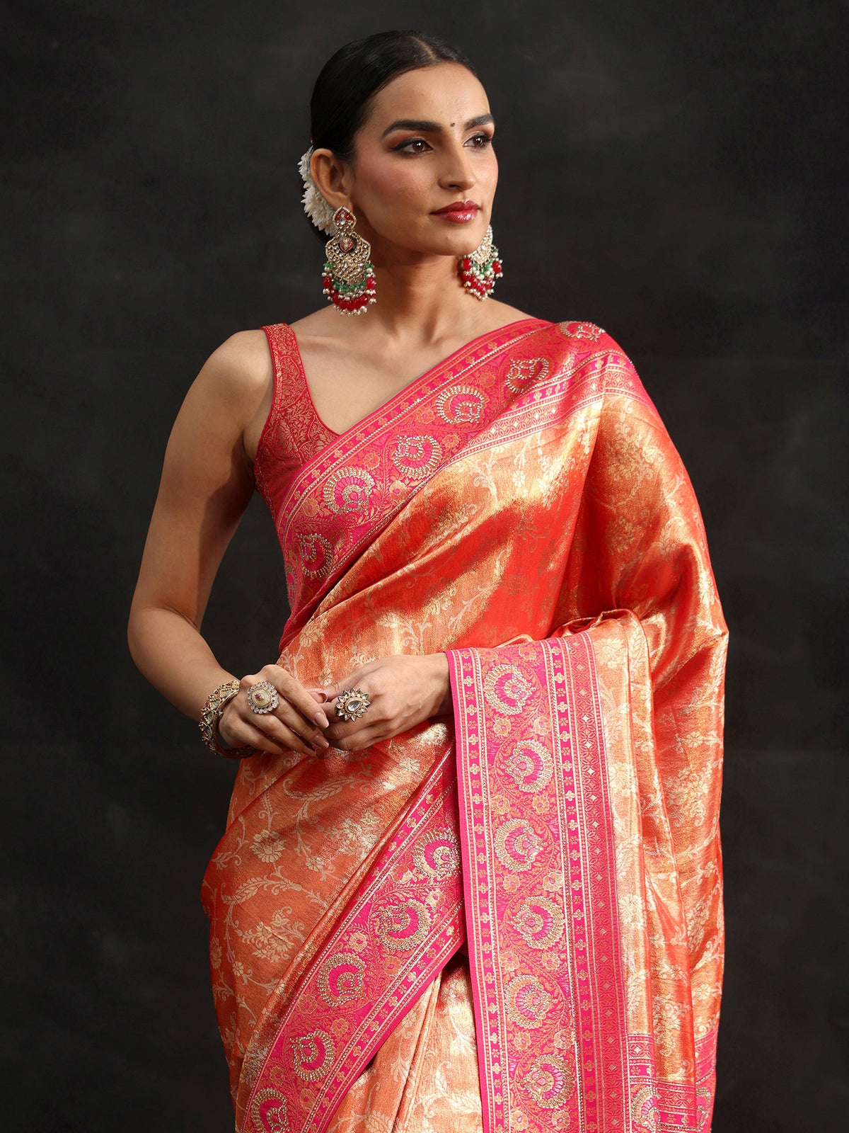 Anouk Orange Woven Design Silk Blend Saree with Embellished Border