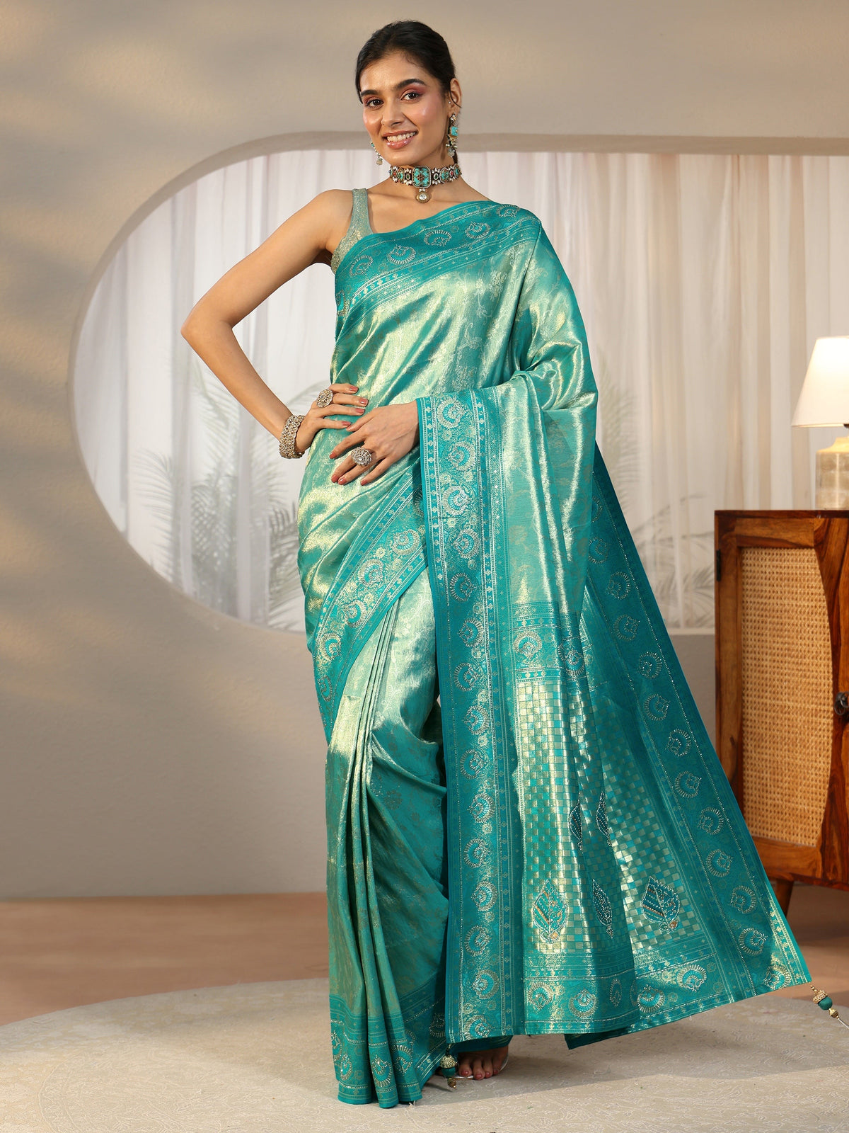 Anouk Sea Green Floral Woven Silk Blend Saree