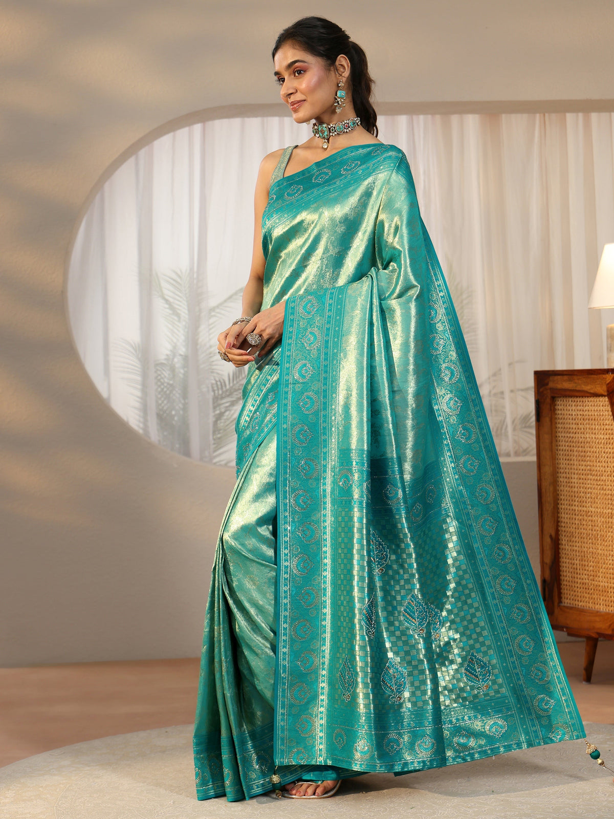 Anouk Sea Green Floral Woven Silk Blend Saree