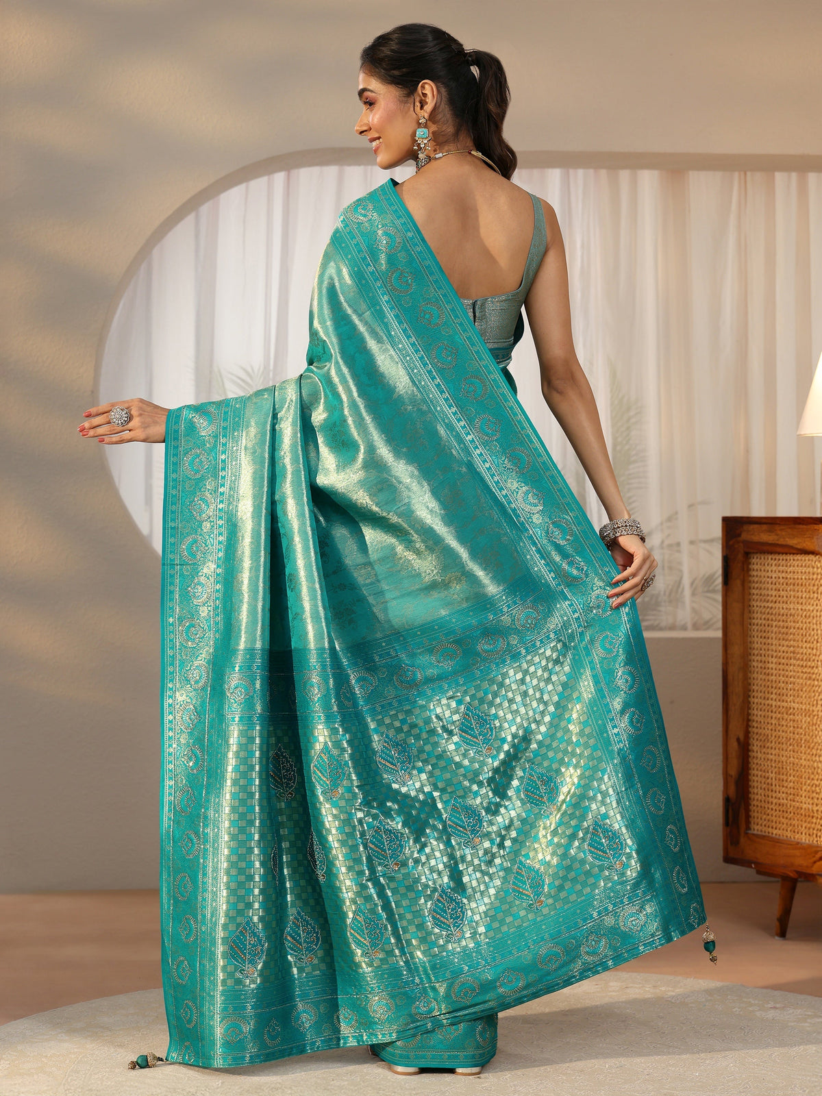 Anouk Sea Green Floral Woven Silk Blend Saree