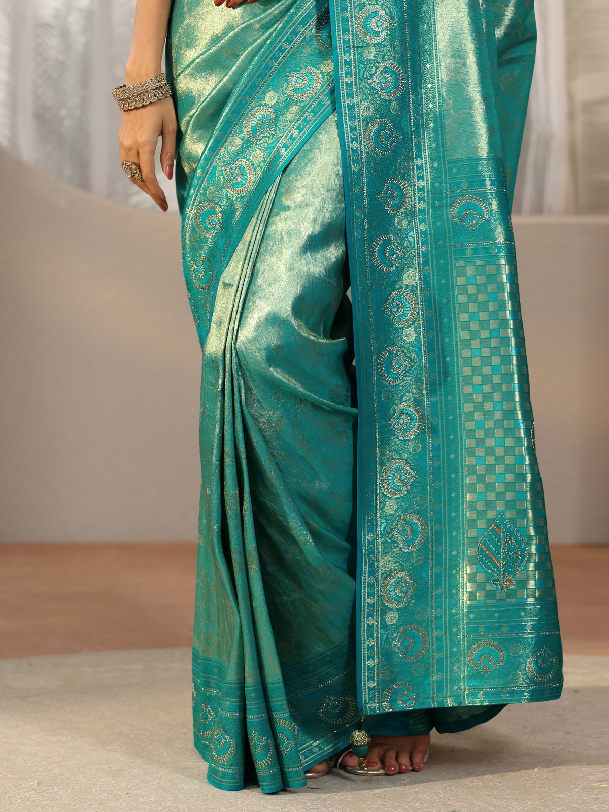 Anouk Sea Green Floral Woven Silk Blend Saree