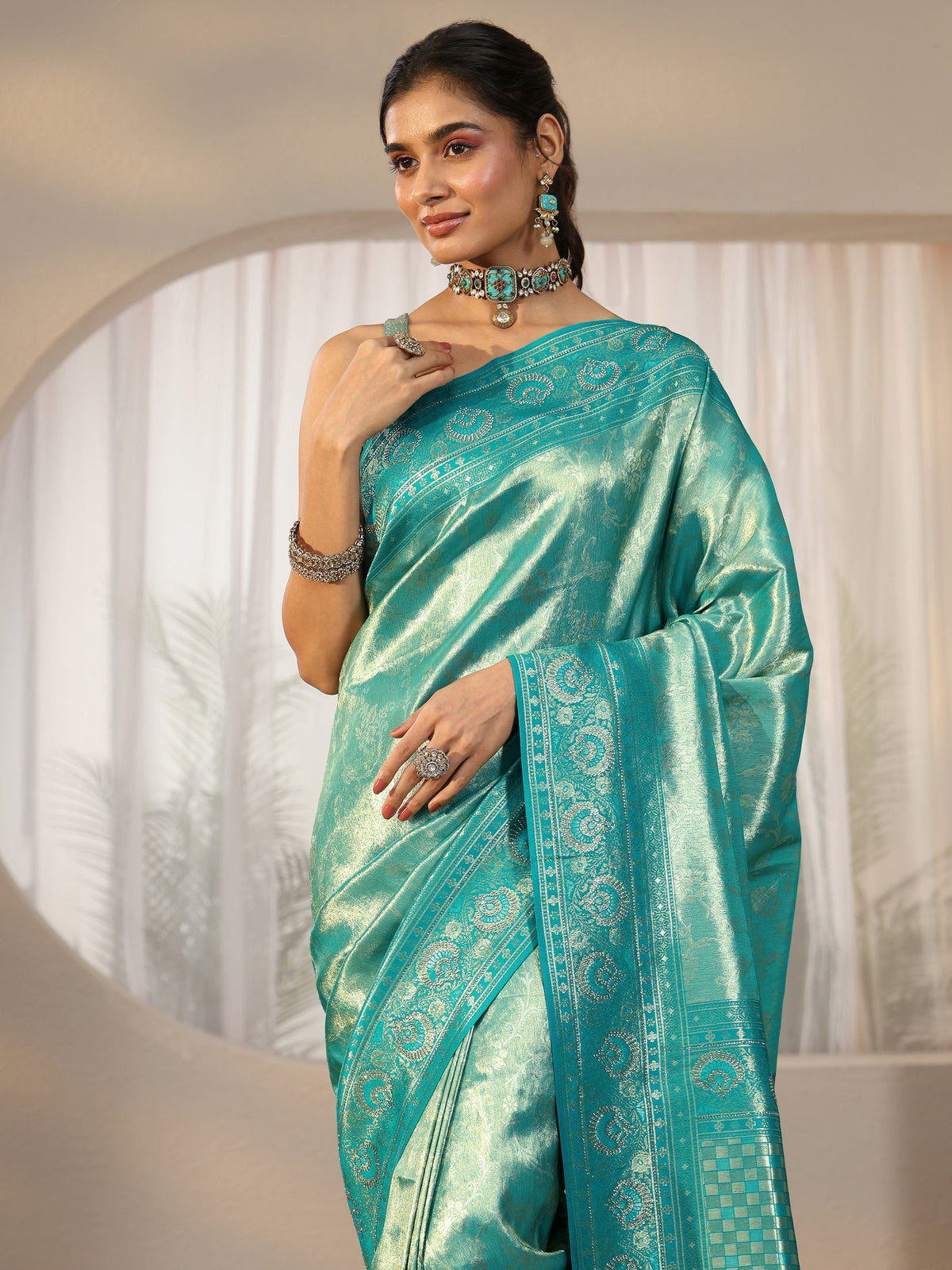 Anouk Sea Green Floral Woven Silk Blend Saree