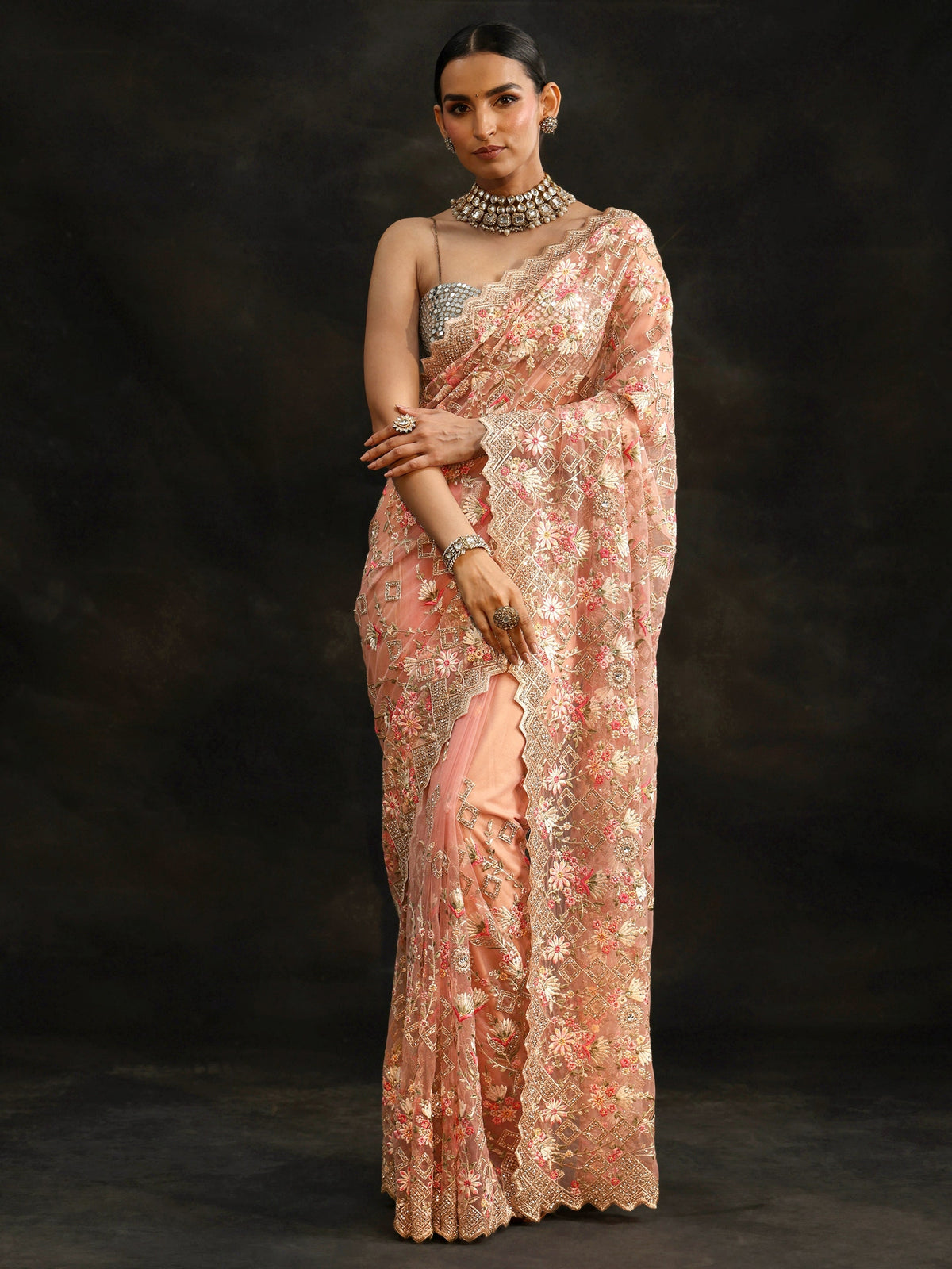 Anouk Peach Pink Floral Embellished Net Saree