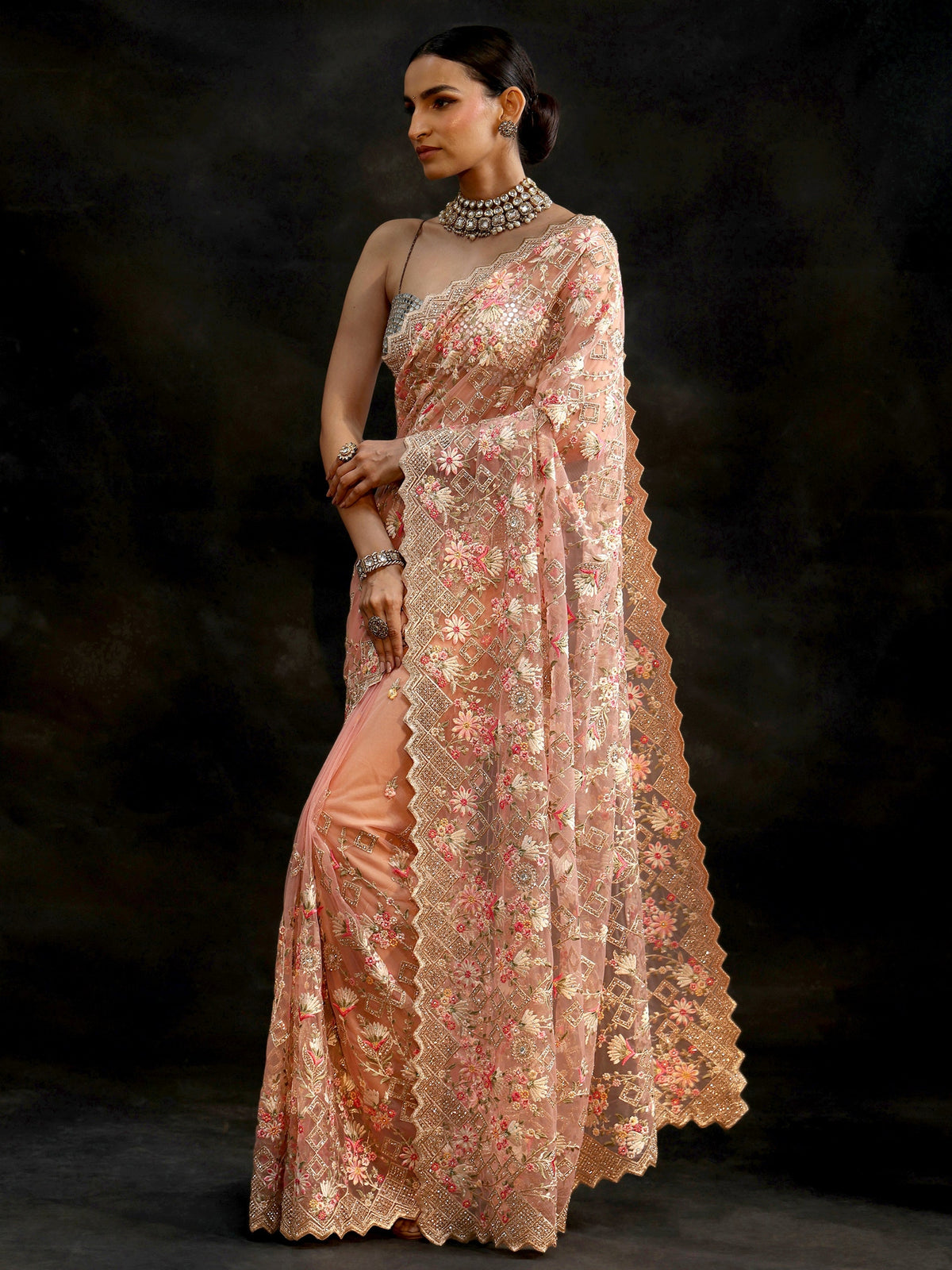 Anouk Peach Pink Floral Embellished Net Saree