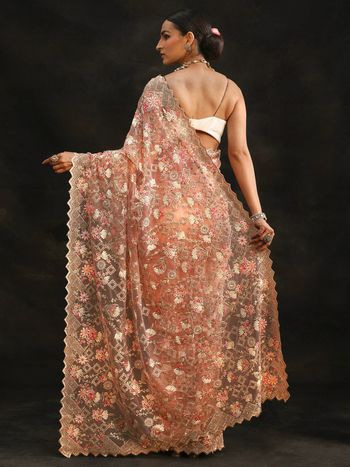 Anouk Peach Pink Floral Embellished Net Saree