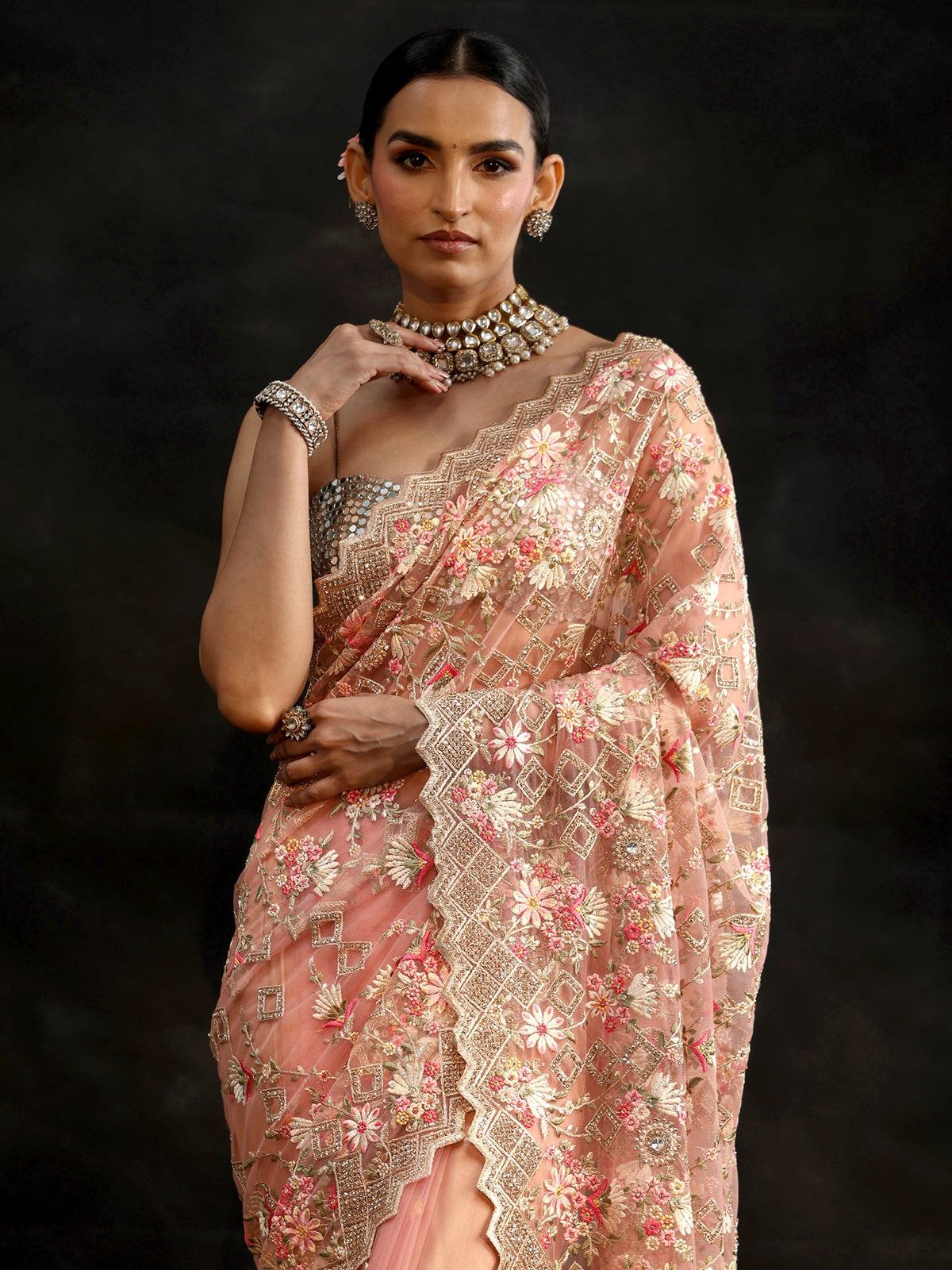 Anouk Peach Pink Floral Embellished Net Saree
