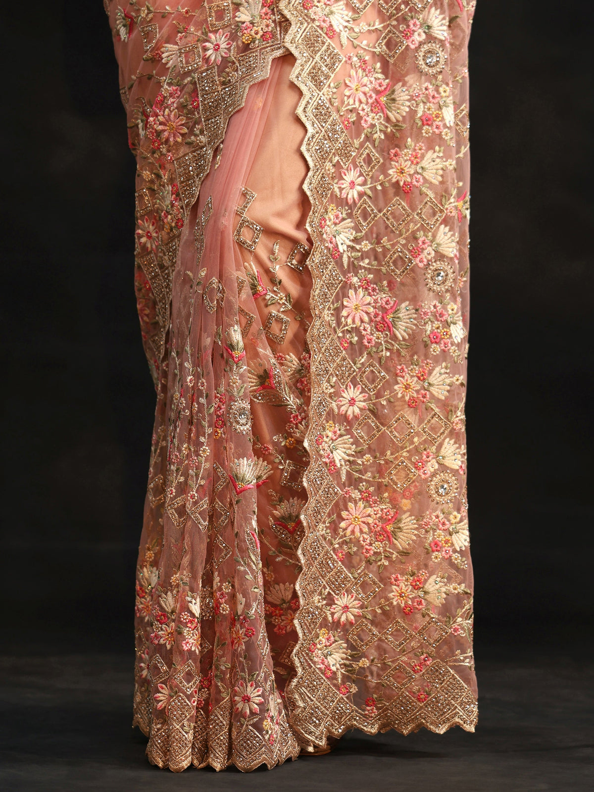 Anouk Peach Pink Floral Embellished Net Saree