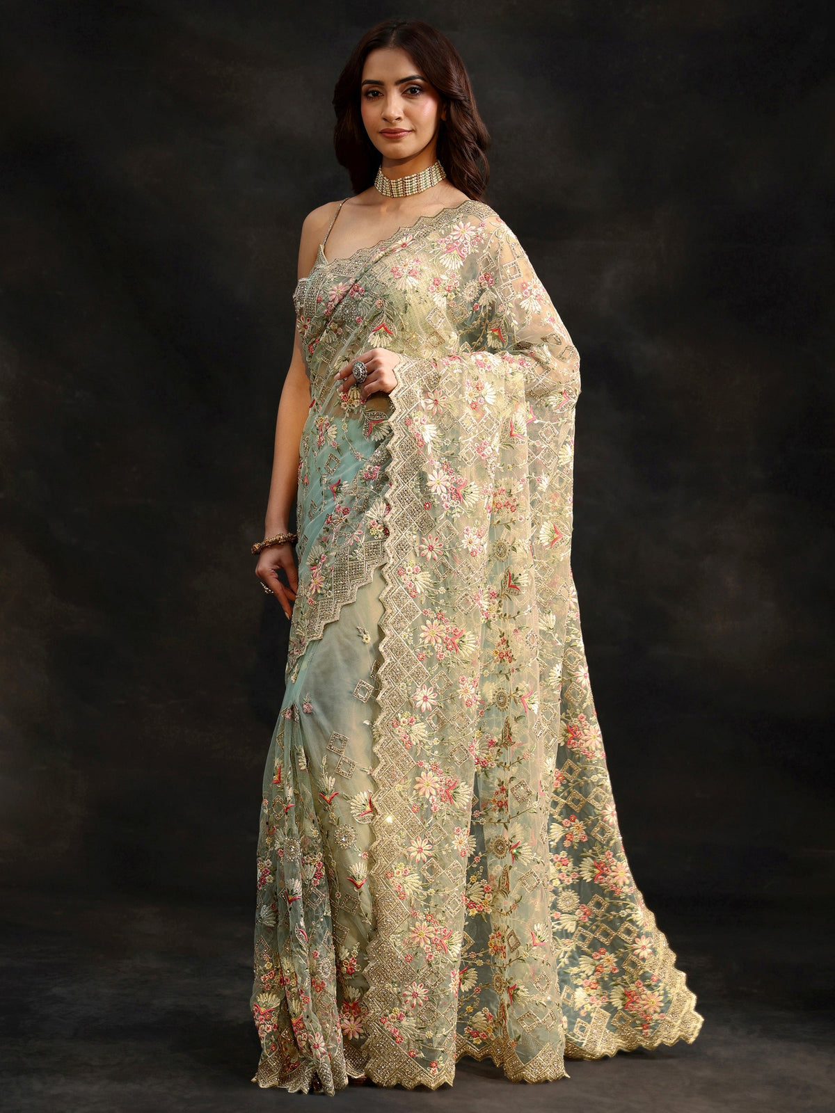 Anouk Ice Blue Floral Embellished Net Saree