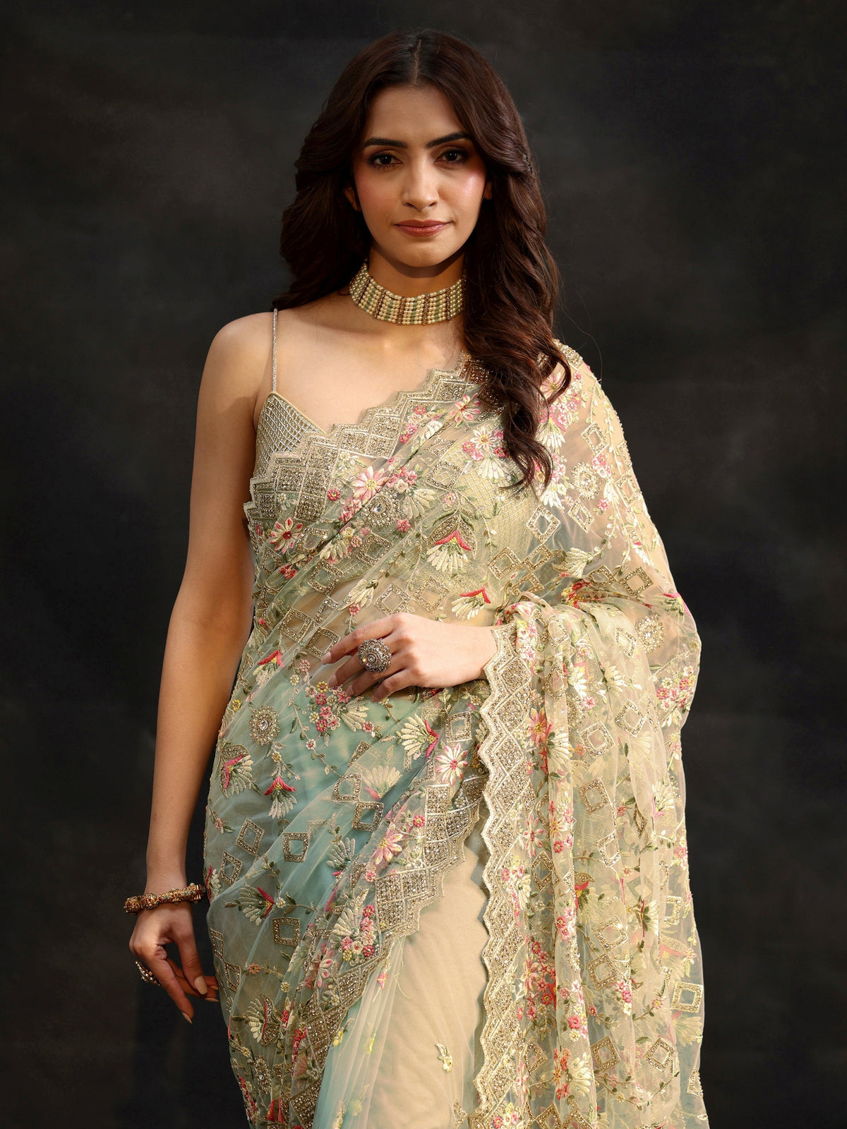 Anouk Ice Blue Floral Embellished Net Saree