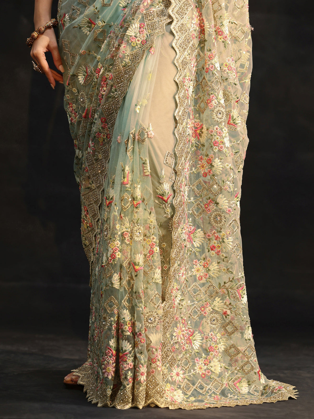 Anouk Ice Blue Floral Embellished Net Saree