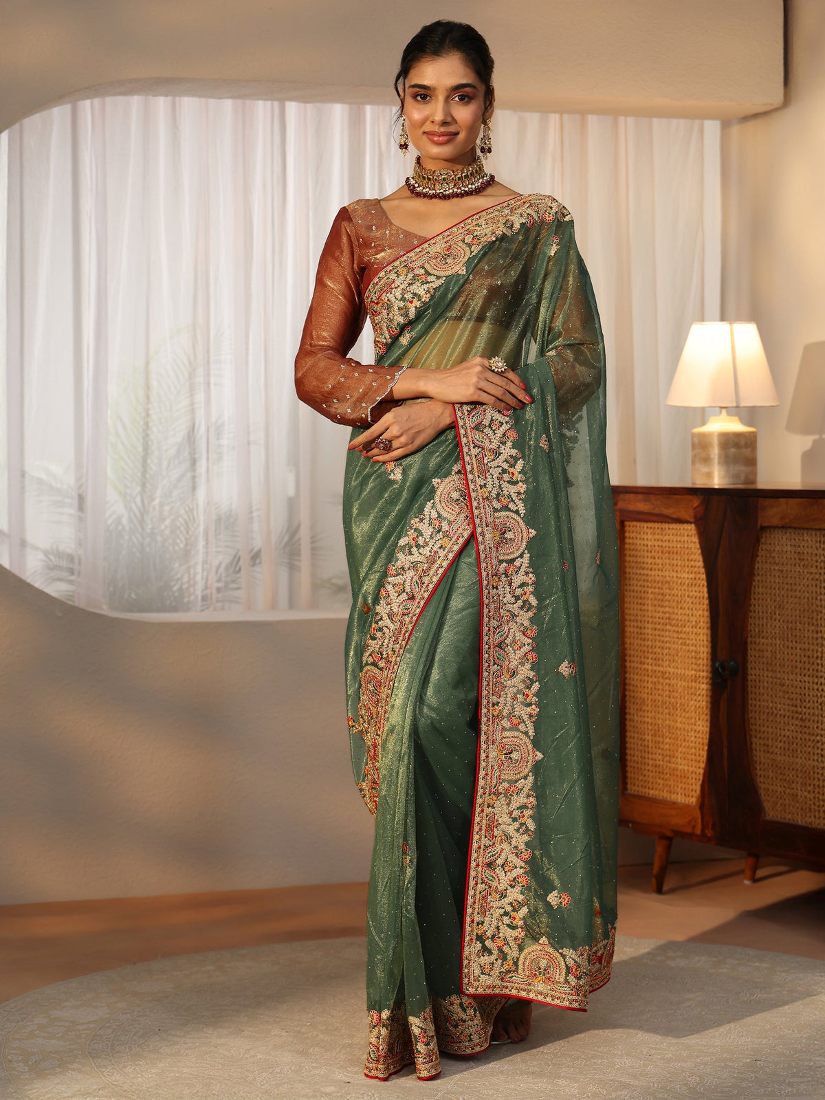 Anouk Olive Green Floral Embroidered Net Saree
