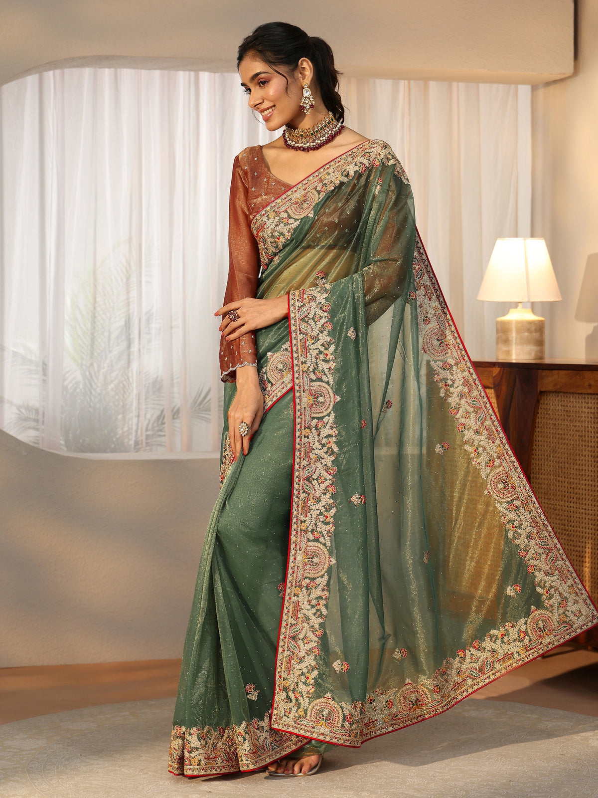 Anouk Olive Green Floral Embroidered Net Saree
