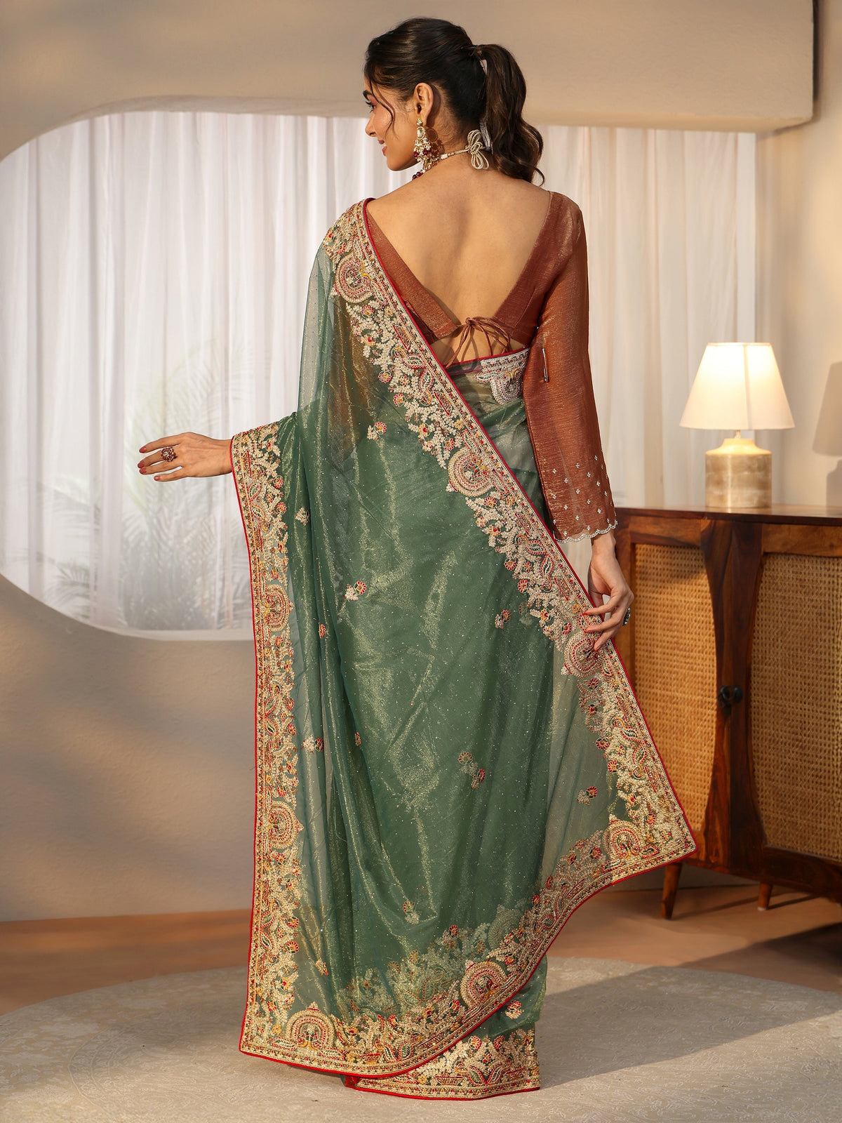 Anouk Olive Green Floral Embroidered Net Saree