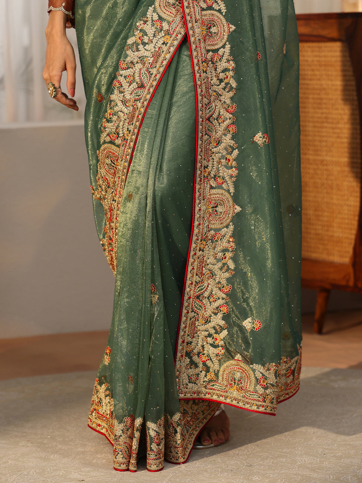 Anouk Olive Green Floral Embroidered Net Saree
