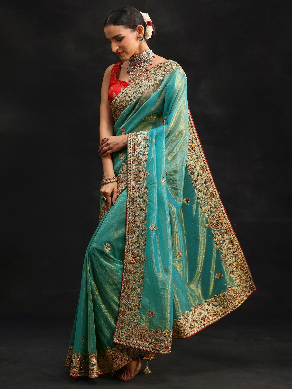 Anouk Aqua Blue Floral Embroidered Net Saree