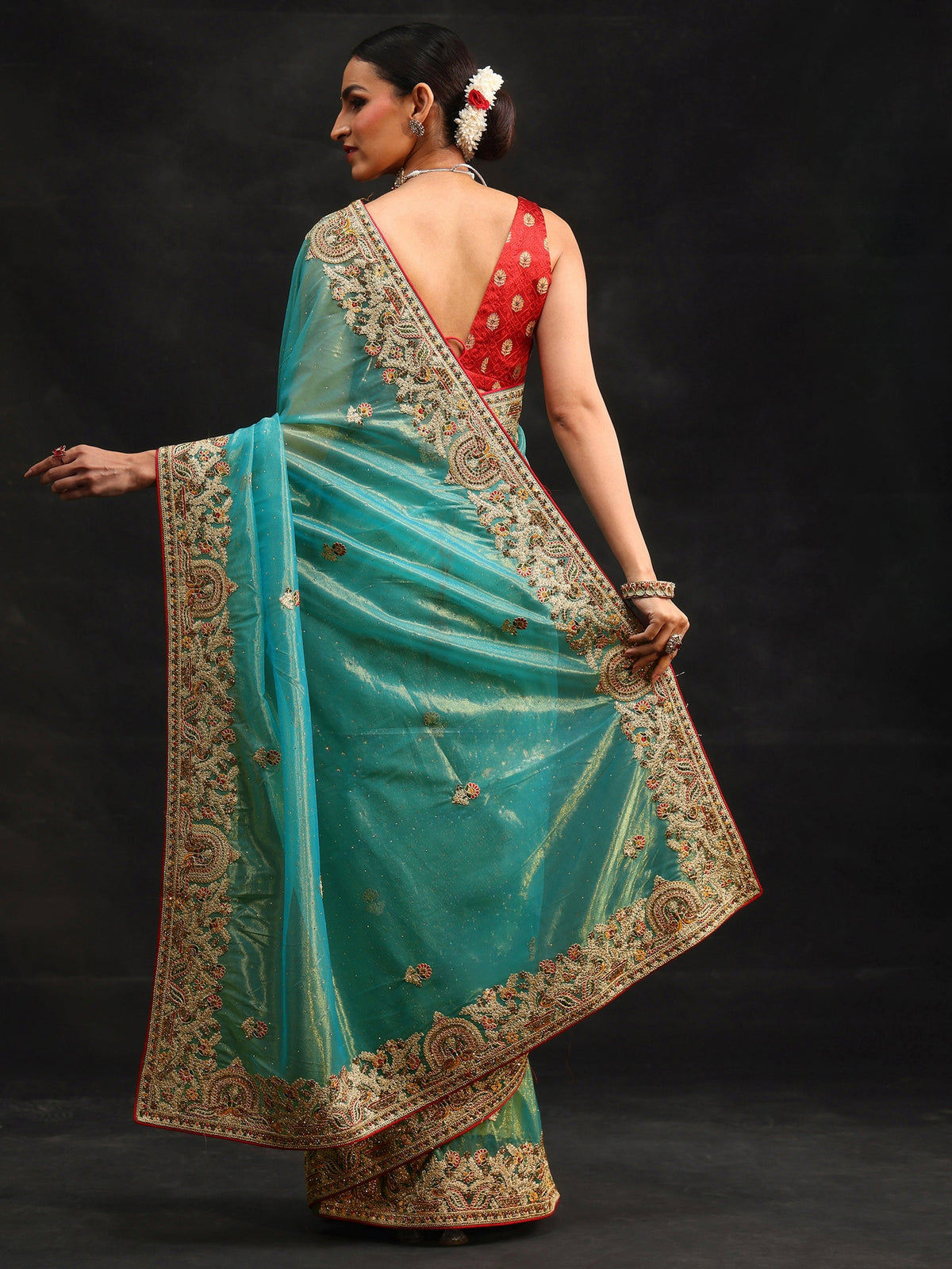 Anouk Aqua Blue Floral Embroidered Net Saree