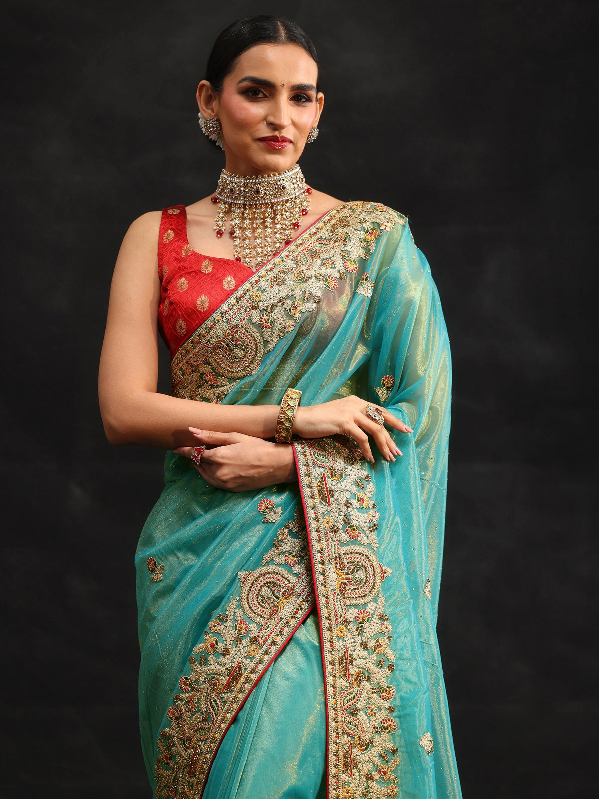 Anouk Aqua Blue Floral Embroidered Net Saree